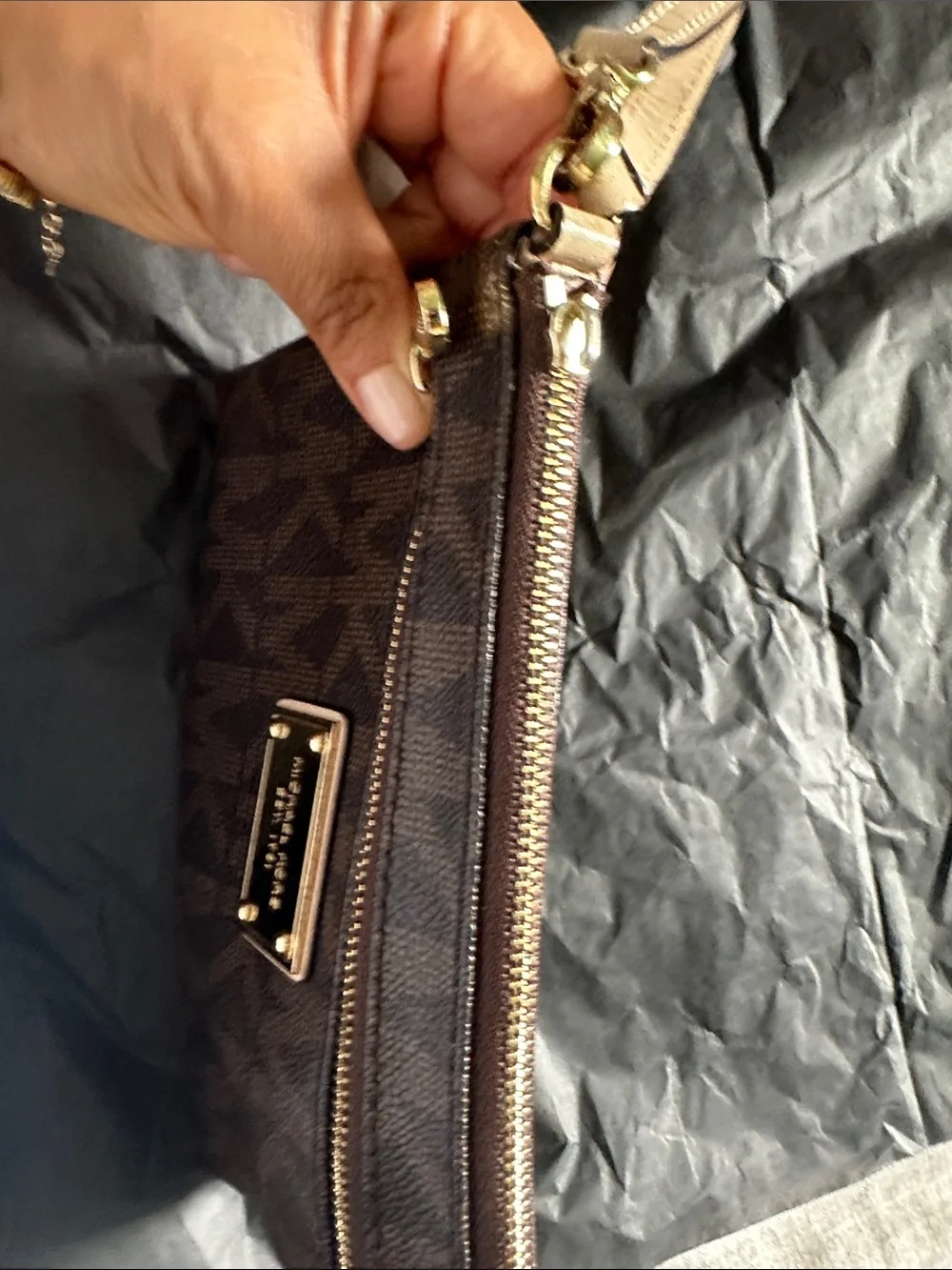 Michael Kors Brown and Gold Signature Wristlet Clutch
